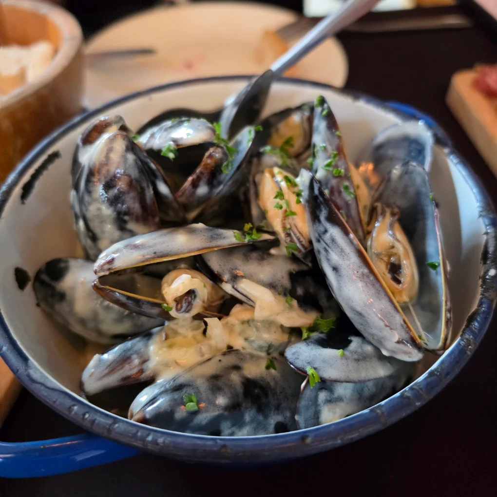 Mussels in cream in a blue enamel pot