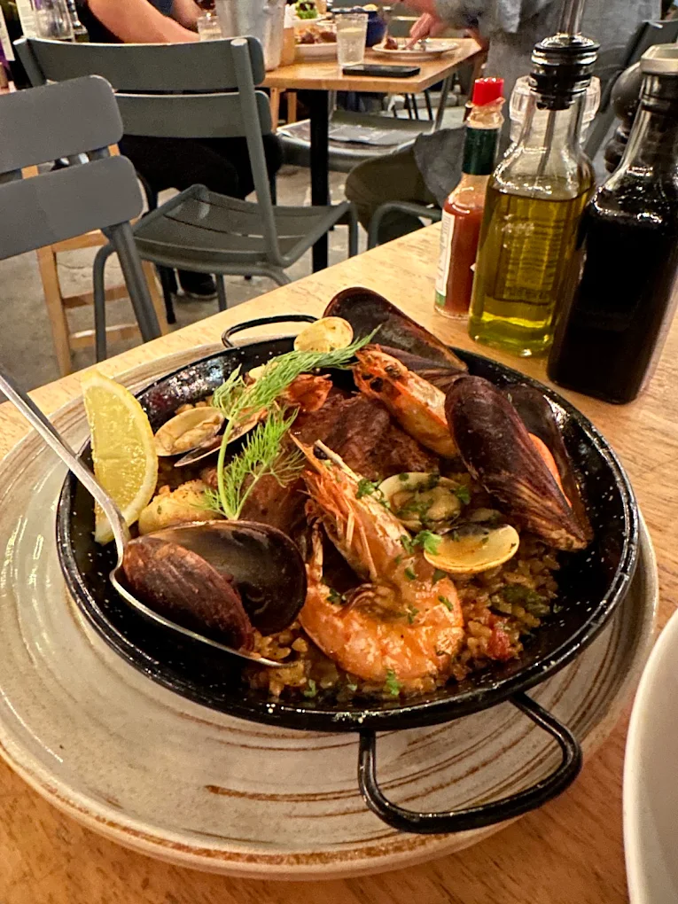 Seafood paella with prawns, mussels and clams